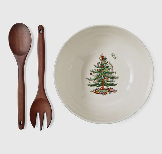Spode Christmas Tree Serve Bowl & Wood Servers 10"