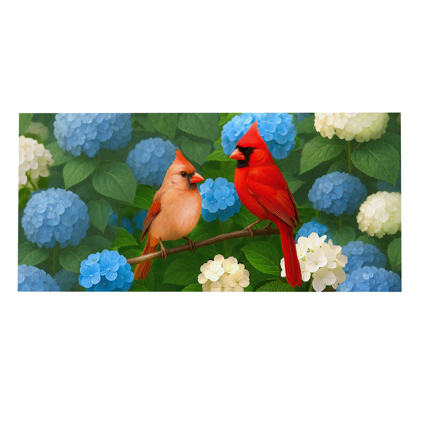 Evergreen Enterprises Sassafras Switch Mat-Cardinal Couple Among Hydrangeas
