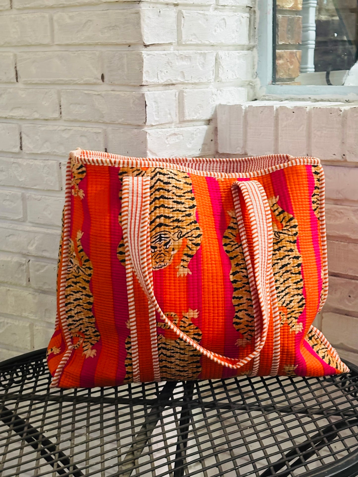 Quilted Orange & Pink Tiger Tote Bag