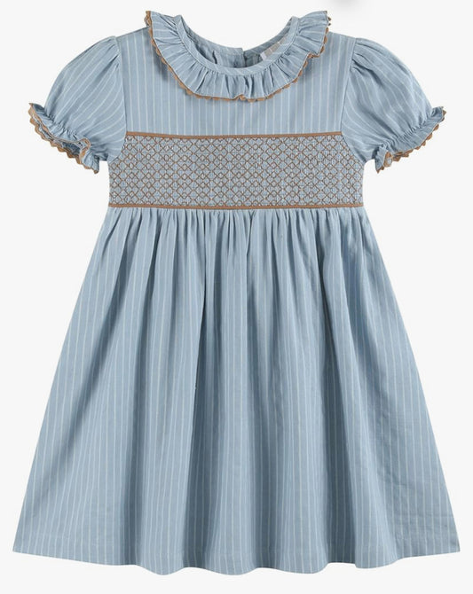 Lil Cactus Blue Pinstripe Smocked Ruffle Collar Dress