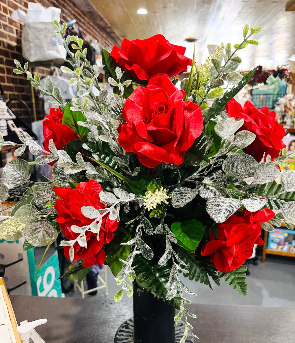 Large Red Rose & Holiday Eucalyptus Silk Vase Inserts