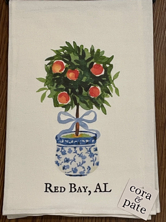 Cora & Pate Tea Towel-Red Bay Orange Topiary