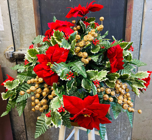 Poinsettia & Gold Christmas Silk Memorial Topper