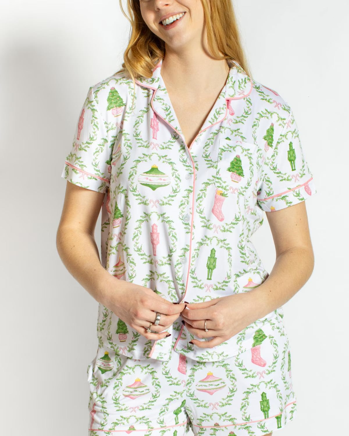 The Royal Standard Nutcracker Trellis Short Sleeve Button Up Sleep Shirt