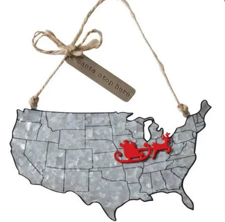 Mudpie Santa Stop Here Map Ornament in Silver