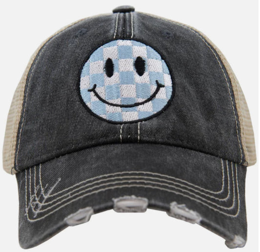 Katydid Trucker Hat-Light Blue Checkered Happy Face