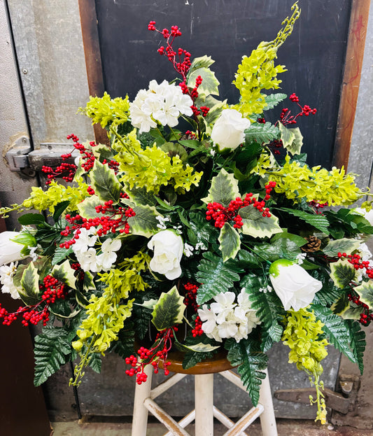 Hydrangea & Holly Silk Memorial Topper