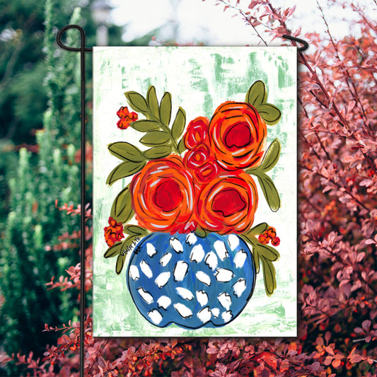 Baxter & Me Garden Flag-Red Floral in Blue & White Vase