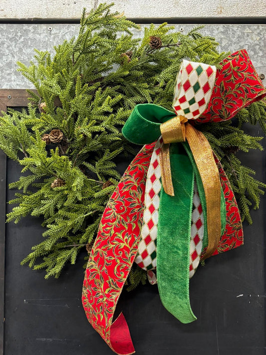 Evergreen Wreath With Velvet & Printed Bow
