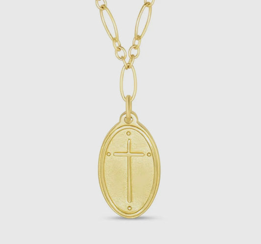 Madison Sterling Bracelet (Petite Pendant)-Oval Cross/Romans 5:8