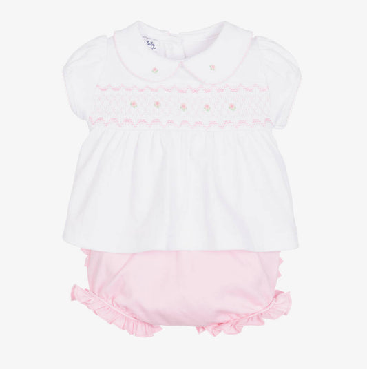 Magnolia Baby Girls Pink & White Smocked Shorts Set (Newborn)