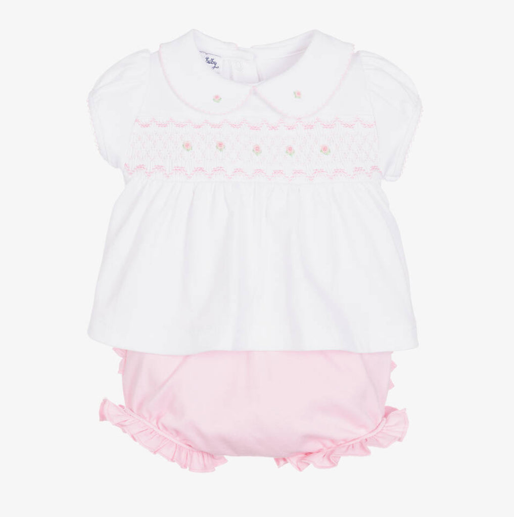 Magnolia Baby Girls Pink & White Smocked Shorts Set (Newborn)