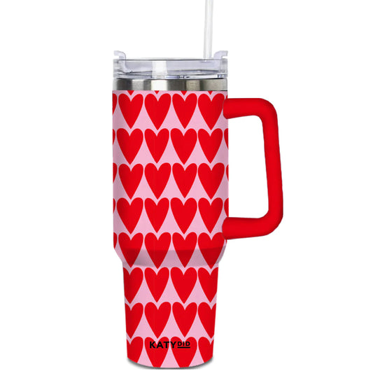 Katydid Drink Tumbler-Girly Red Hearts Pattern