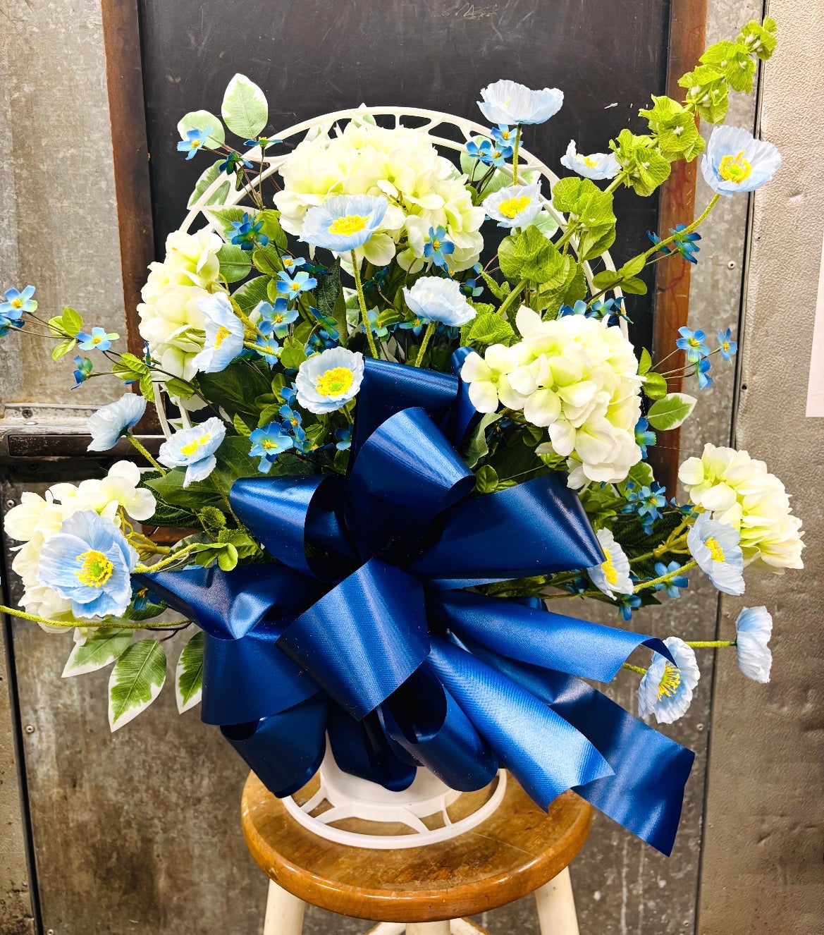 White Hydrangeas & Blue Poppies Silk Bereavement Basket