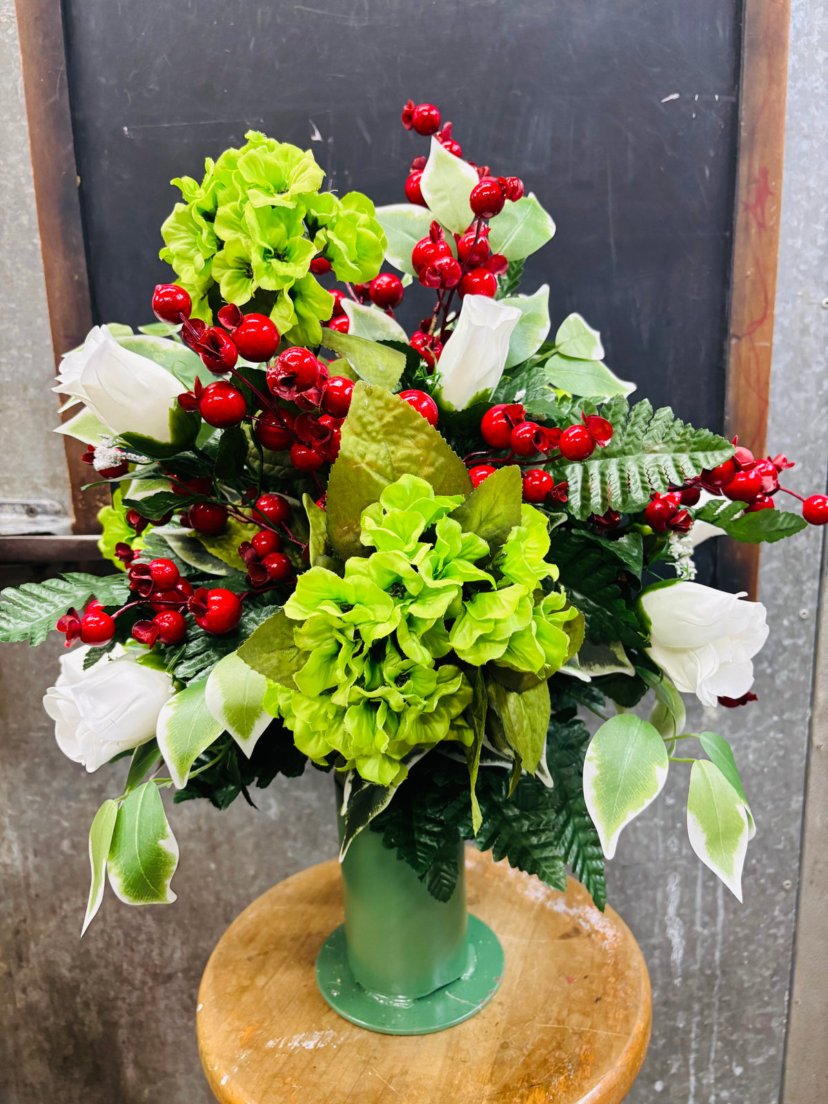 Green Hydrangeas & Red Holly Berry Silk Vase Insert
