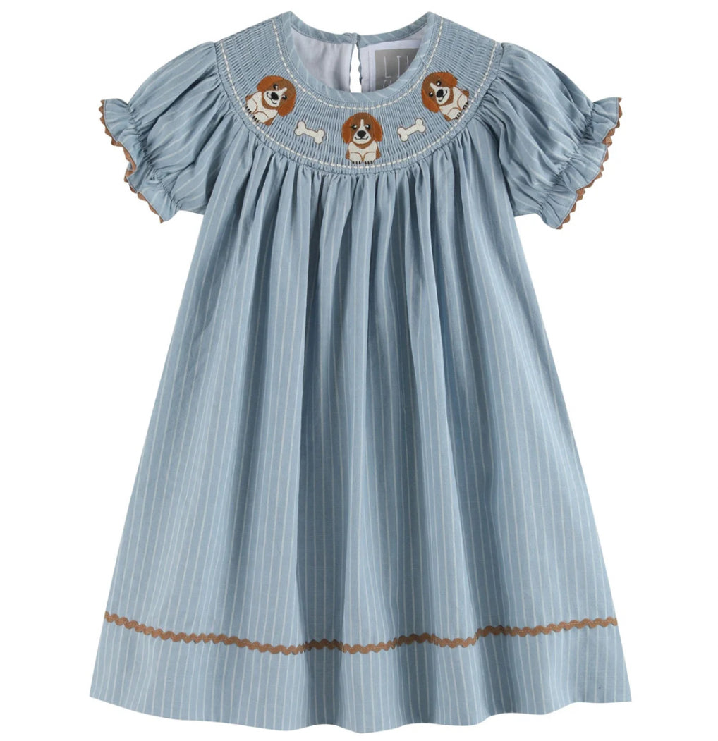 Lil Cactus Light Blue Puppy Smocked Bishop Dress
