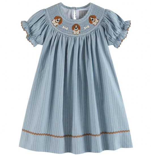 Lil Cactus Light Blue Puppy Smocked Bishop Dress