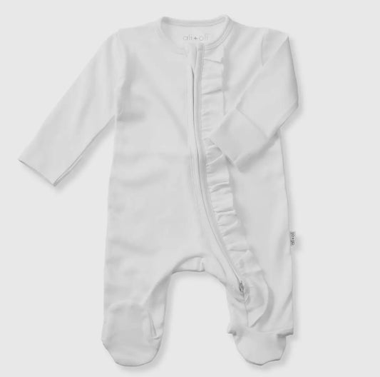 Ali+Oli Ruffle Footie With 2-Way Zipper-White (0-3 months)