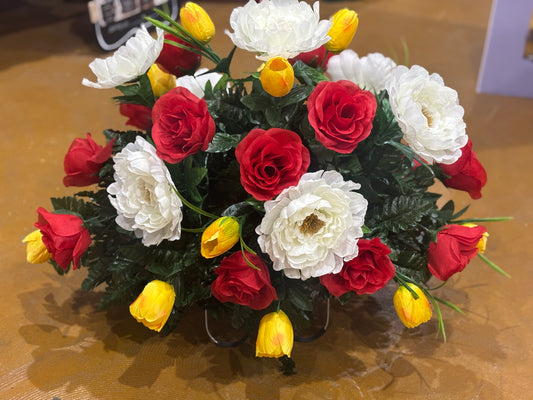 White Peony With Red Roses & Yellow Tulips Memorial Saddle