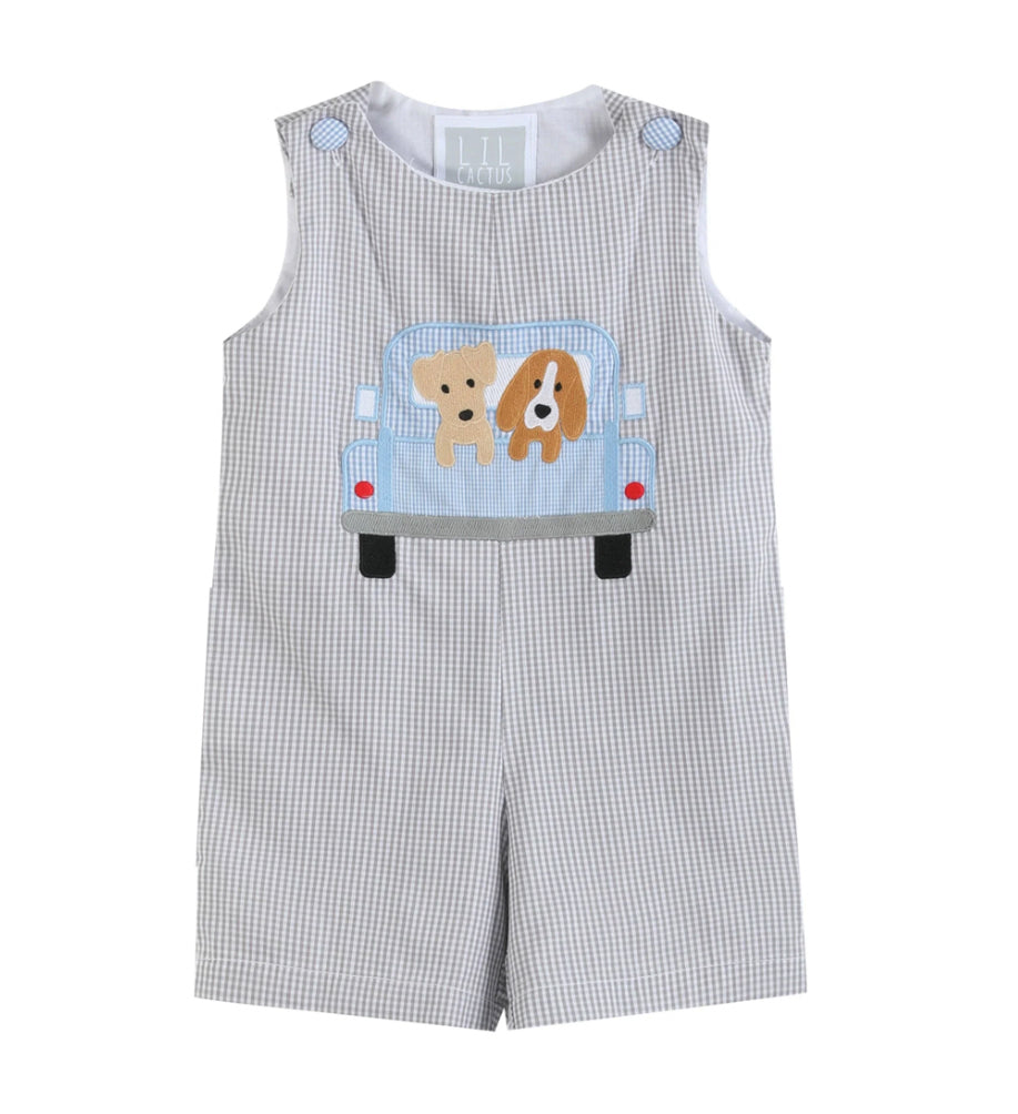 Lil Cactus Grey Gingham Puppies in Truck Shortalls