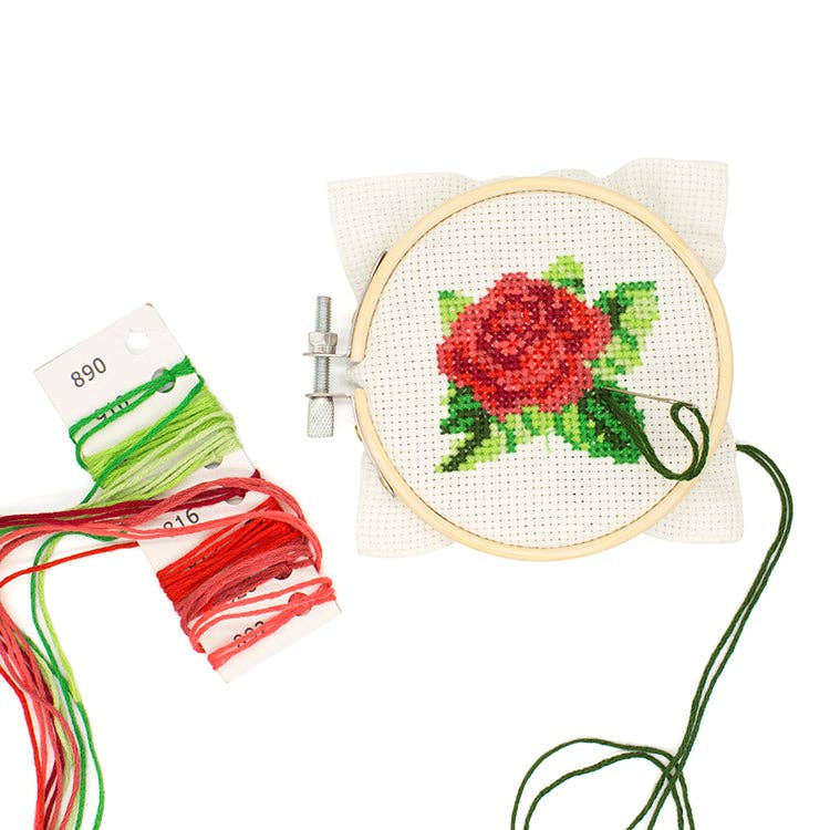 Kikkerland Mini Cross Stitch Embroidery Kit-Rose