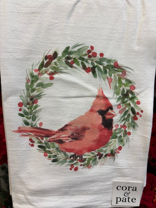 Cora & Pate Tea Towel-Cardinal Holly Wreath