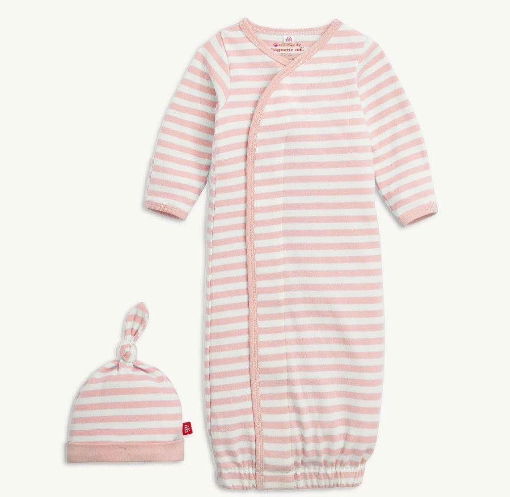Magnetic Me Pink Stripe Organic Cotton Gown + Hat Set (Newborn-3 months)