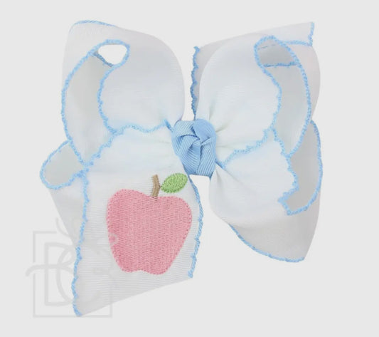Beyond Creations Embroidered Apple On Crochet Edge Bow-Large