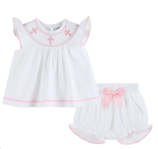 Lil Cactus White and Pink Cross Smocked Dress and Bloomer Set