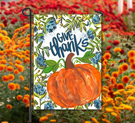 Baxter & Me Blue Give Thanks Pumpkin Floral Garden Flag