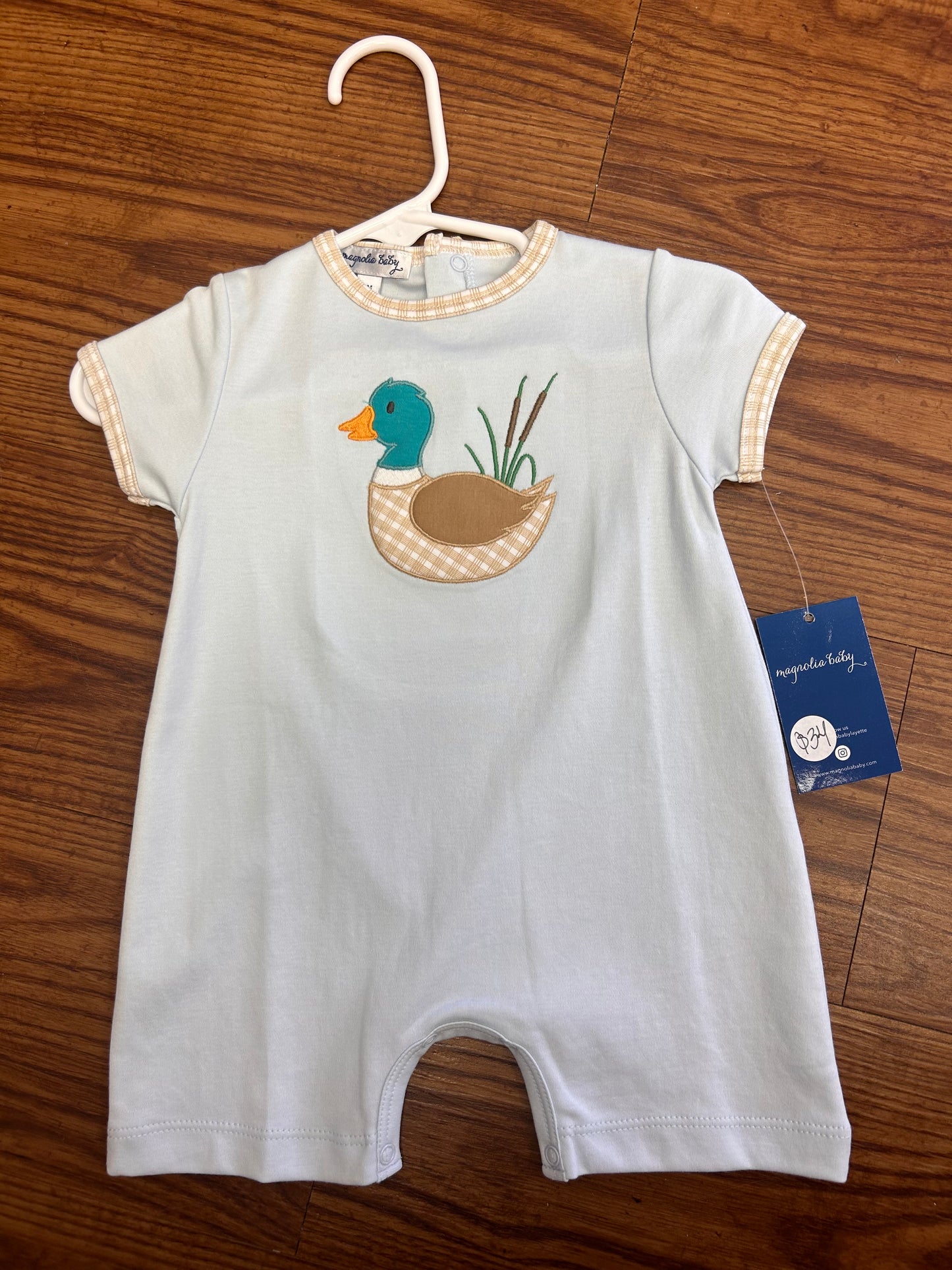 Magnolia Baby Tan Gingham Mallard Romper (9 months)