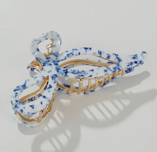 Adorro Sabrina Coastal Large Ribbon Metal Bow Claw Clip-Saltwater Blue