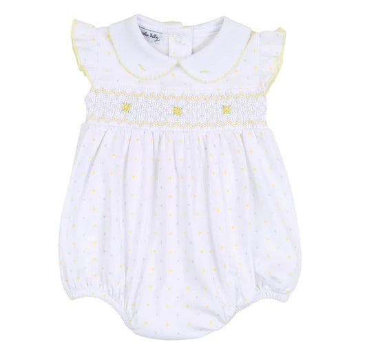 Magnolia Baby Smocked Collared Flutter Bubble-Grey & Yellow Dots (Newborn)