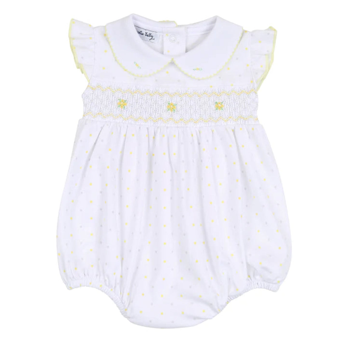 Magnolia Baby Smocked Collared Flutter Bubble-Grey & Yellow Dots (9 months)