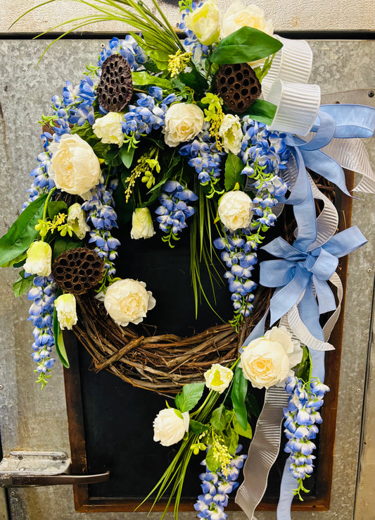 Blue Wisteria Grapevine Wreath (24 inch)
