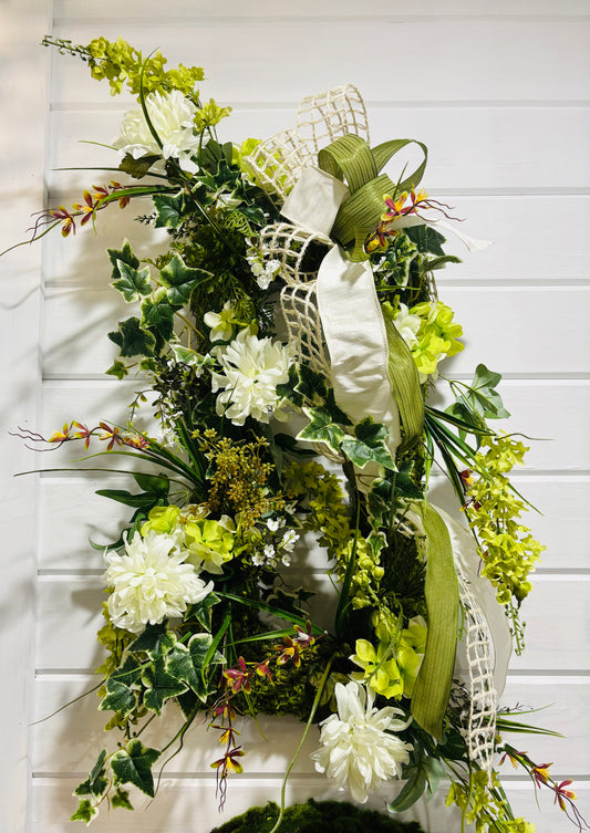 White Mum & Limelight Rectangle Moss Wreath