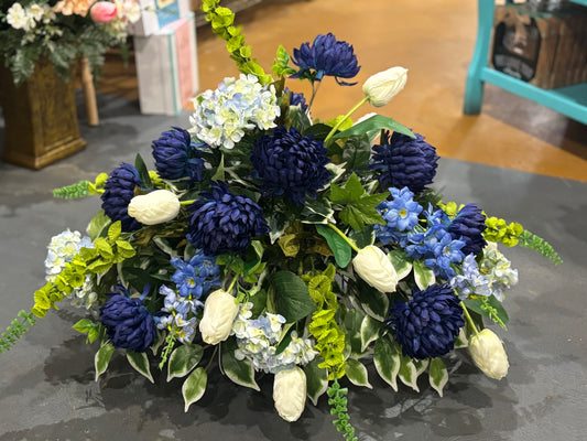Dark Blue Mum With Blue Hydrangeas & Cream Tulips Memorial Saddle