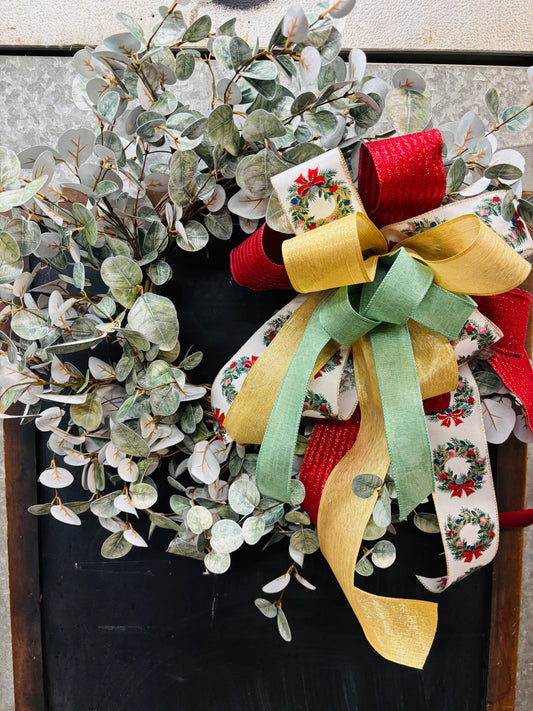 Frosted Eucalyptus Wreath With Gold & Wreath Bow