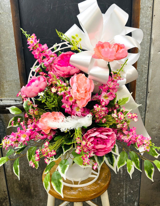 Pink Peonies Silk Bereavement Basket With Dove