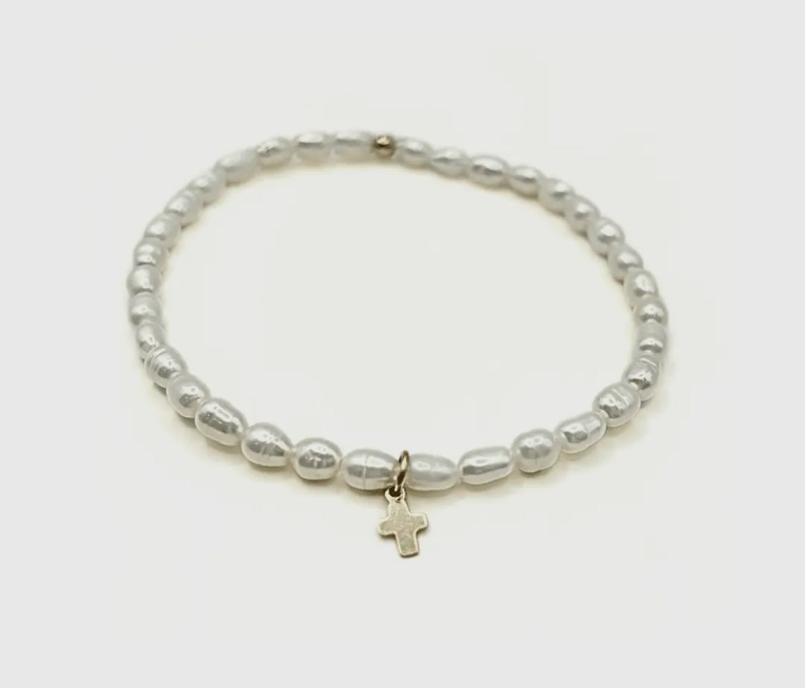 Erin Gray Rice Pearl Waterproof Bracelet With A Gold-Filled Luxe Cross