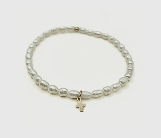 Erin Gray Rice Pearl Waterproof Bracelet With A Gold-Filled Luxe Cross
