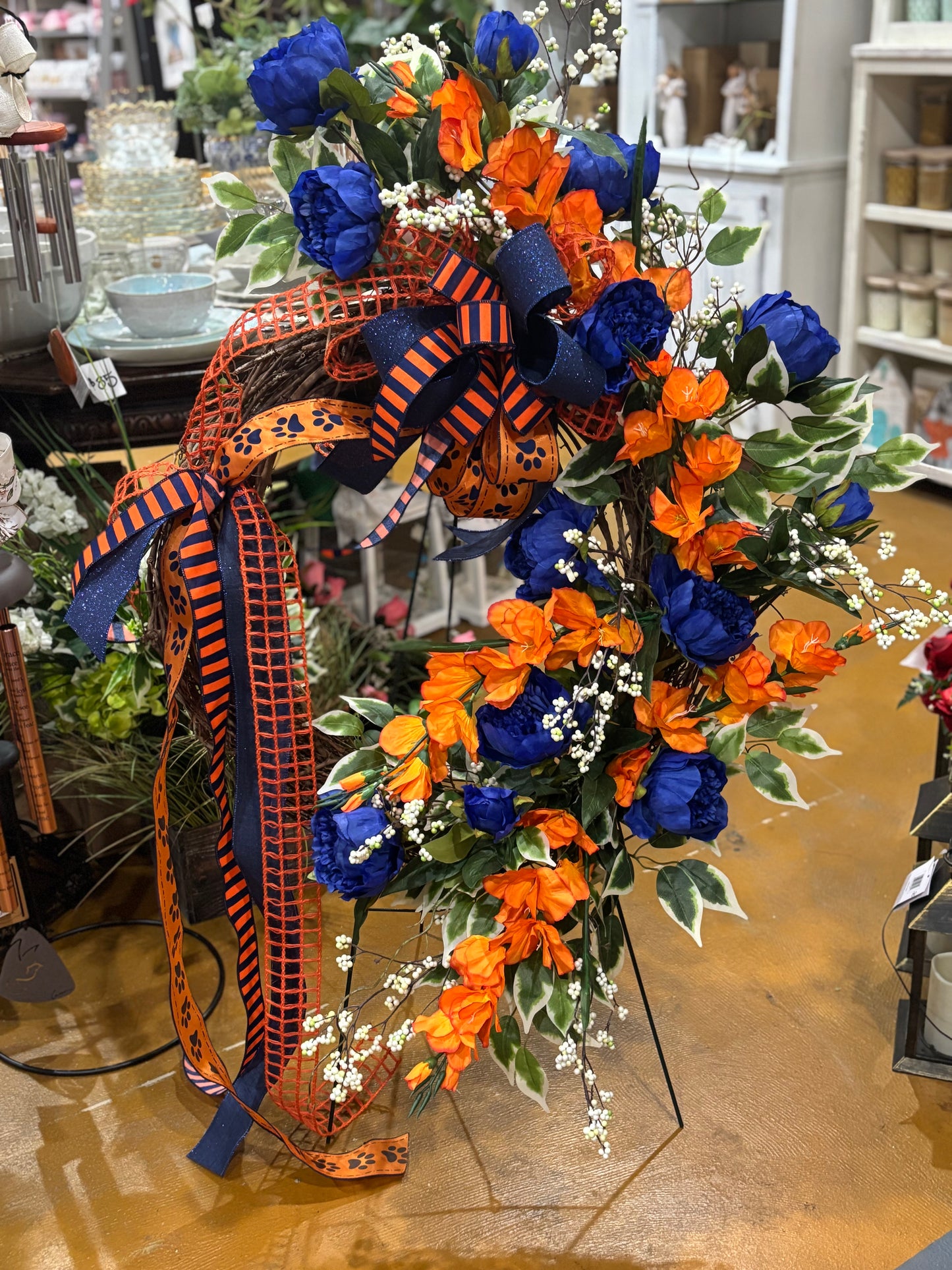 Large Custom Orange & Blue Mum & Gladiolus Grapevine Wreath With Bow
