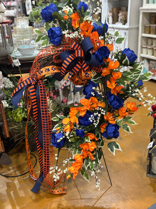 Large Custom Orange & Blue Mum & Gladiolus Grapevine Wreath With Bow