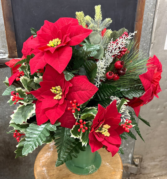 Silk Poinsettia with Pine Cones Vase Insert