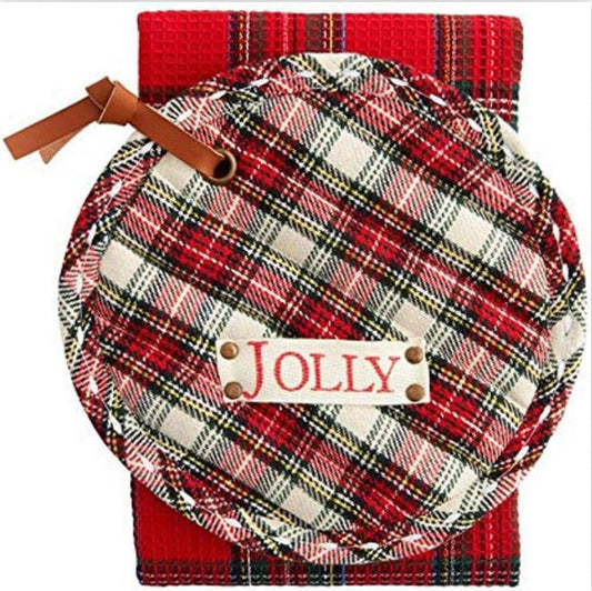 Mudpie Jolly White Plaid Pot Holder & Towel Set