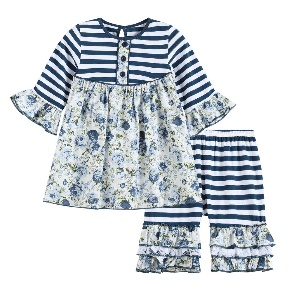 Tutu & Lulu Blue Rose and Stripes Ruffle Tunic and Short Set (5 years)