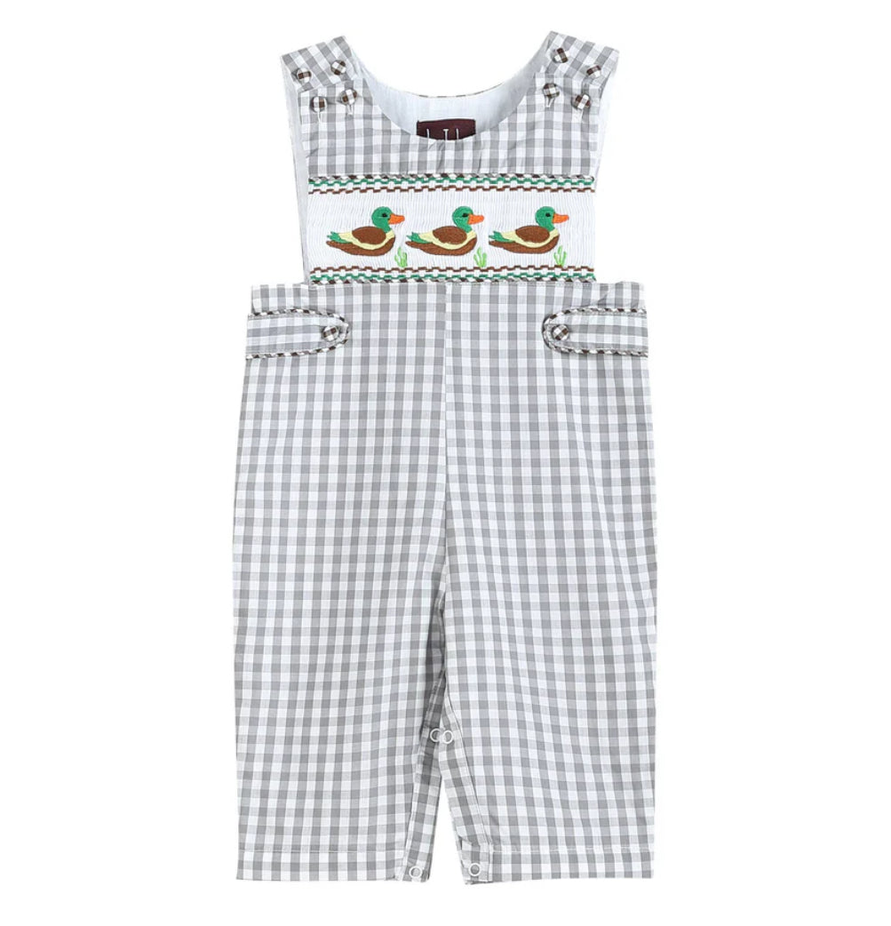 Lil Cactus Gray Gingham Mallard Smocked Overalls