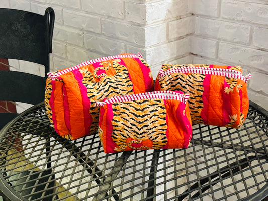 Quilted Orange & Pink Cosmetic Bags (Set of 3)