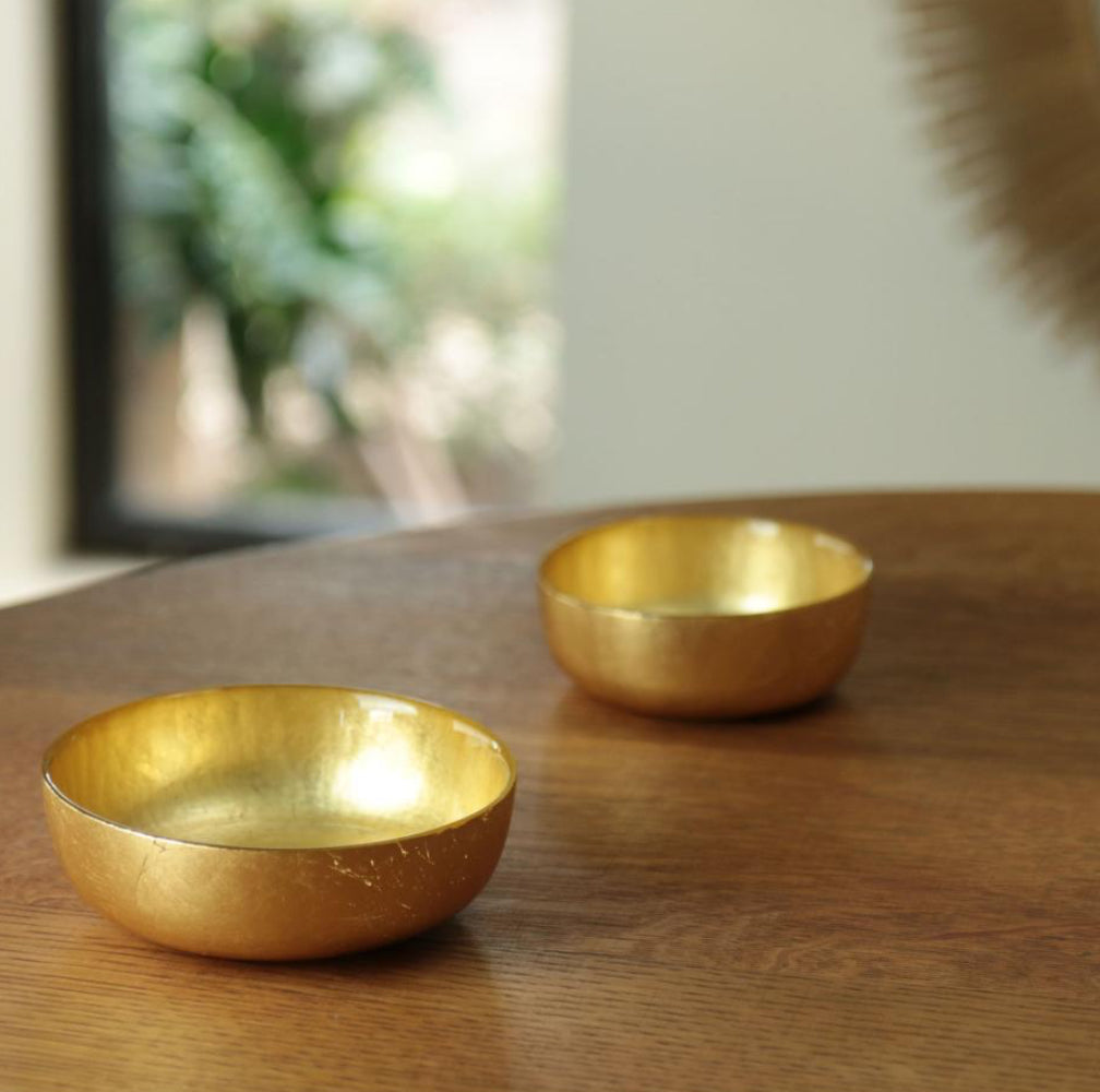 Beatriz Ball New Orleans Shallow Round Foil Leafing Glass Bowl Set of 2-Gold