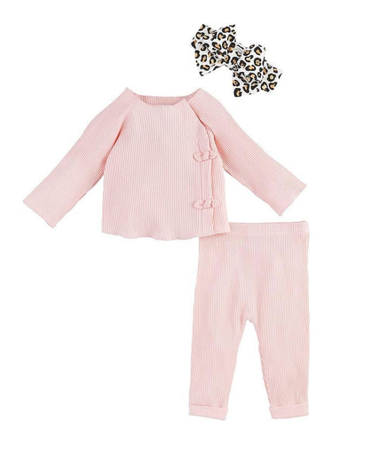 Mudpie Pink Ribbed Knit Pant Set With Leopard Bow Headband (6-9 months)